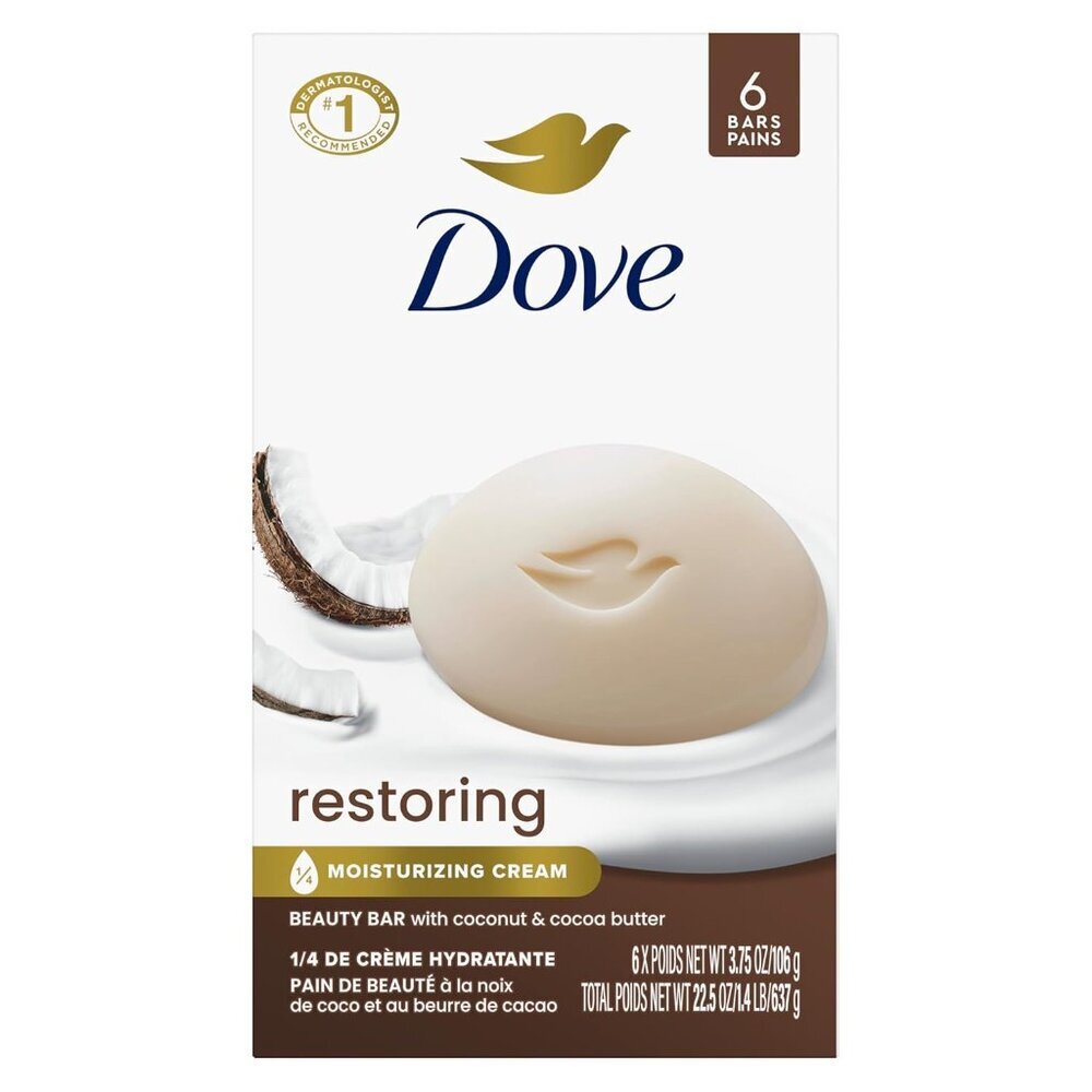 Beauty Bar Soap Restoring Coconut & Cocoa Butter 6 Count for Restored Skin, Nour